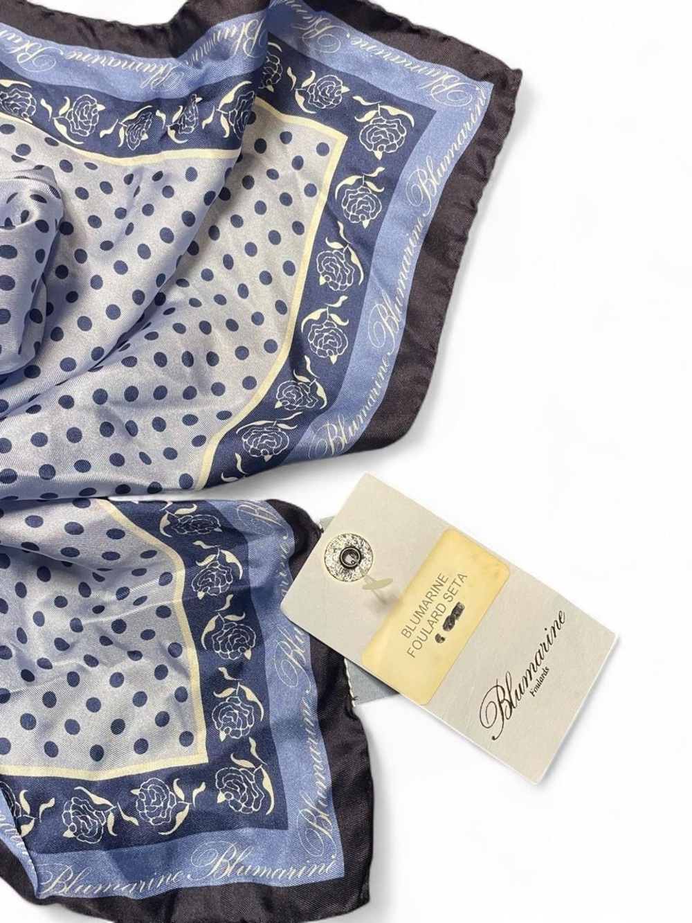 Blumarine NWT Polka Dot & Rose Border Silk Scarf in Blue 20x20 Made in Italy - Picture 2 of 4